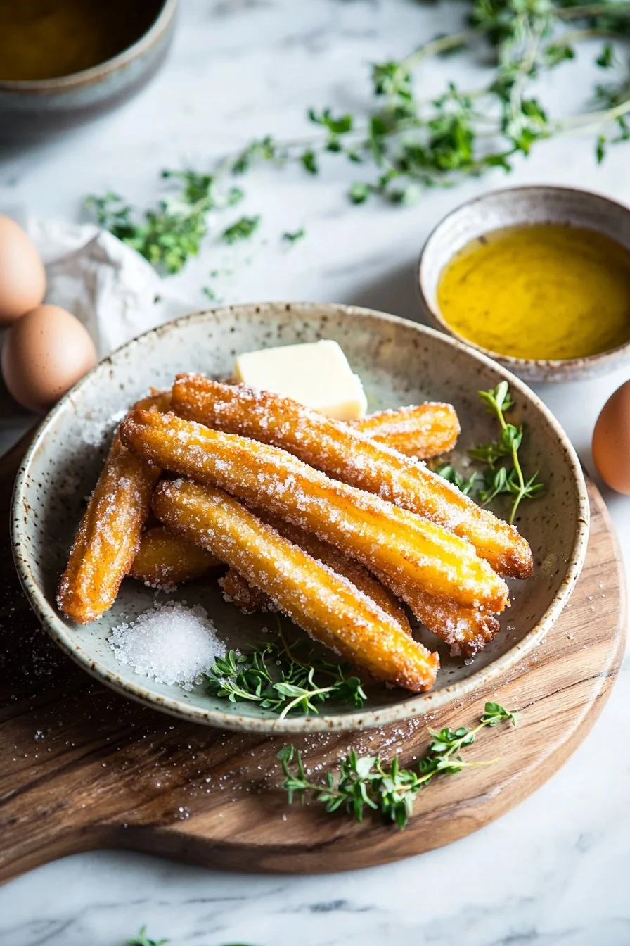 Selbstgemachte Churros serviert mit Schokolade und Zimt-Zucker