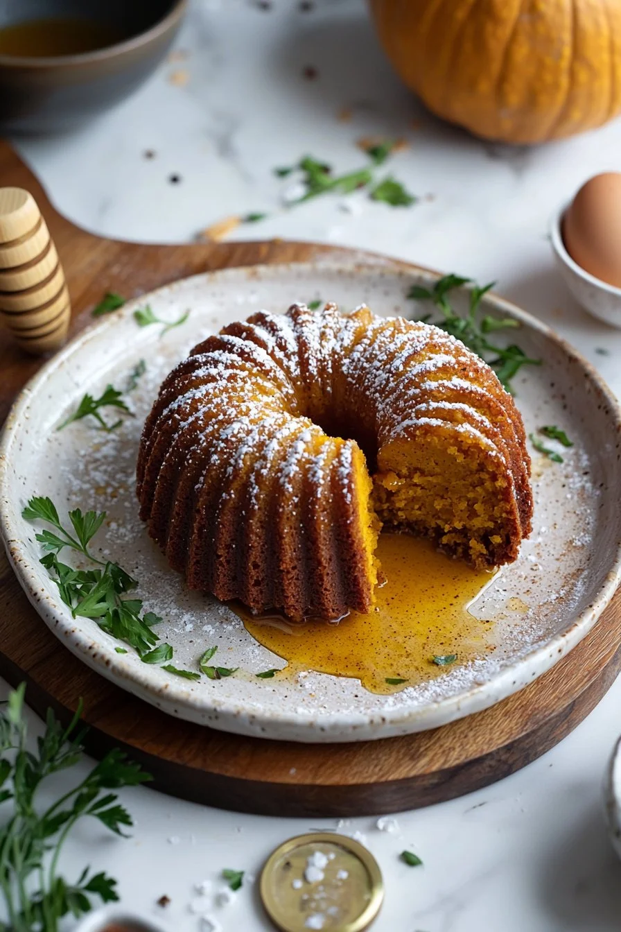Kürbis-Honig-Schnecken Kuchen auf einem Teller serviert