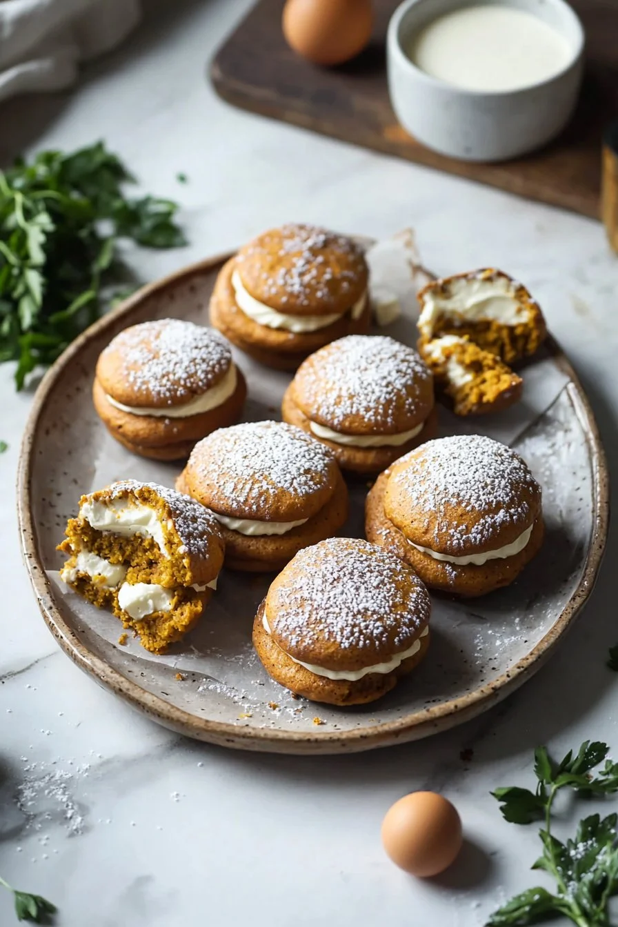 Leckere Kürbis-Whoopie-Pies auf einem Teller, ideal für den Herbst.