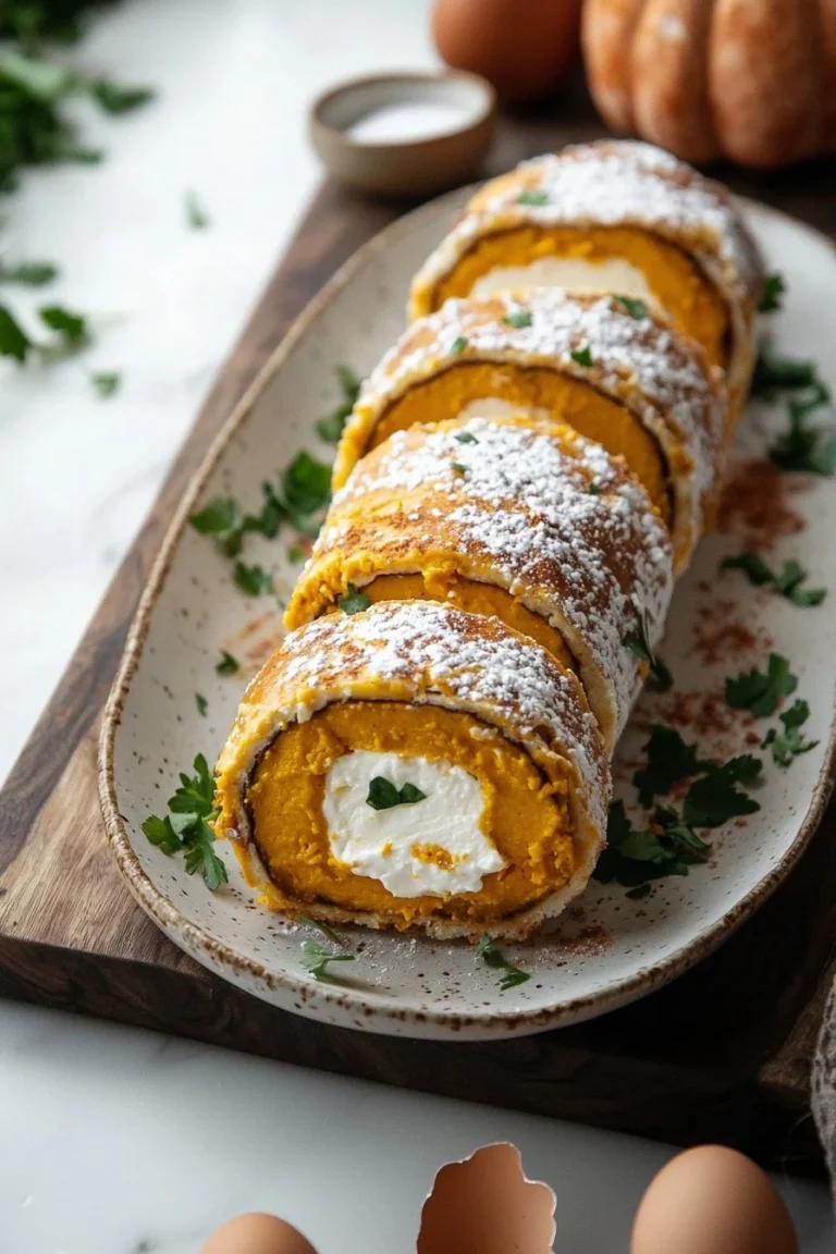 Leckere Kürbisrolle mit dekorativem Topping auf einem Teller