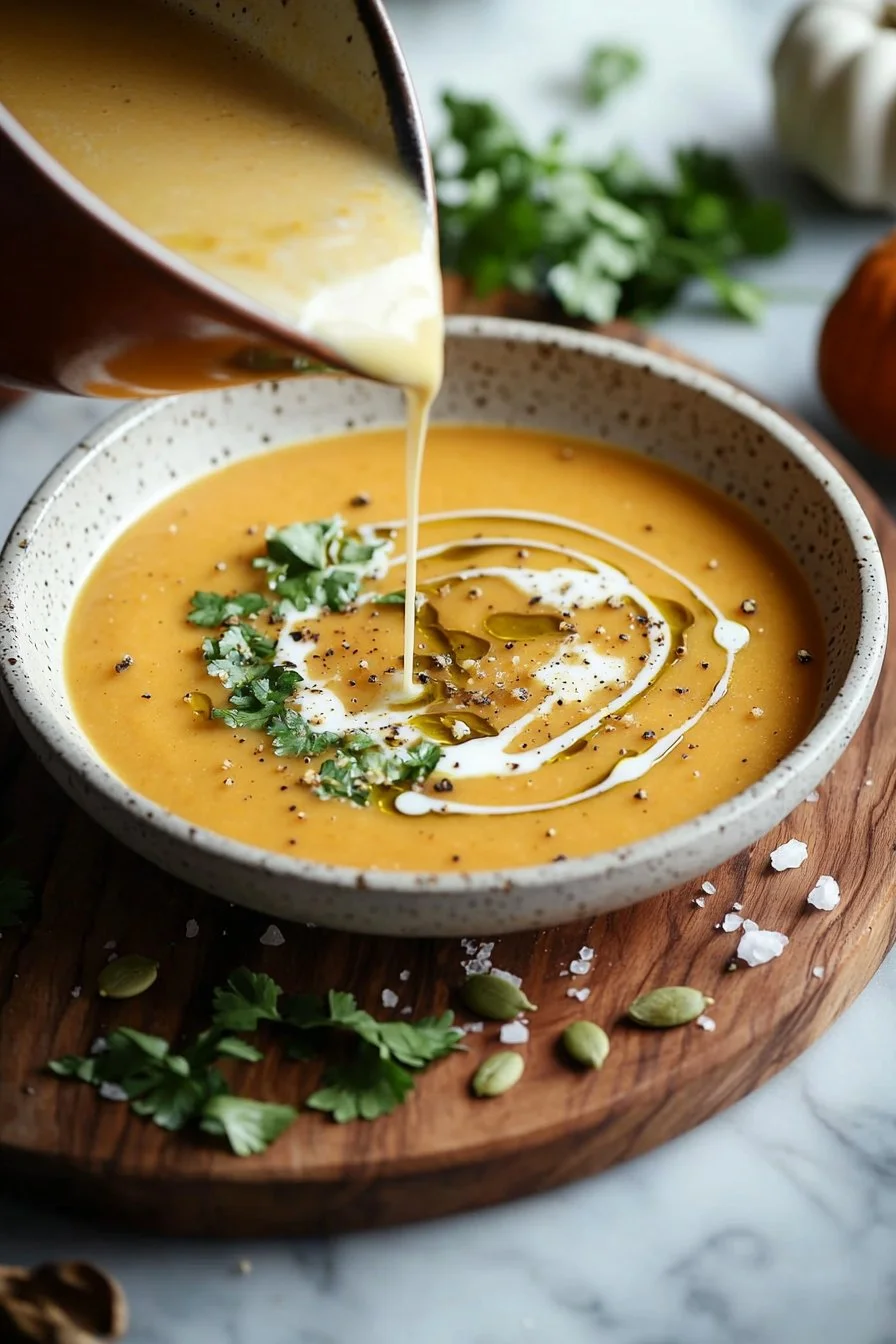Schüssel mit cremiger Kürbissuppe, dekoriert mit Kürbiskernen und frischen Kräutern