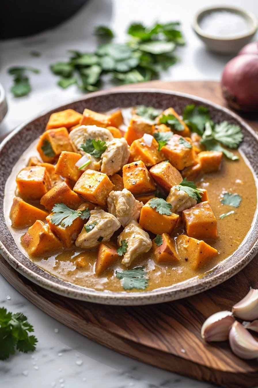 Langsam gekochtes Süßkartoffel-Hühnchen-Curry in einer Schüssel