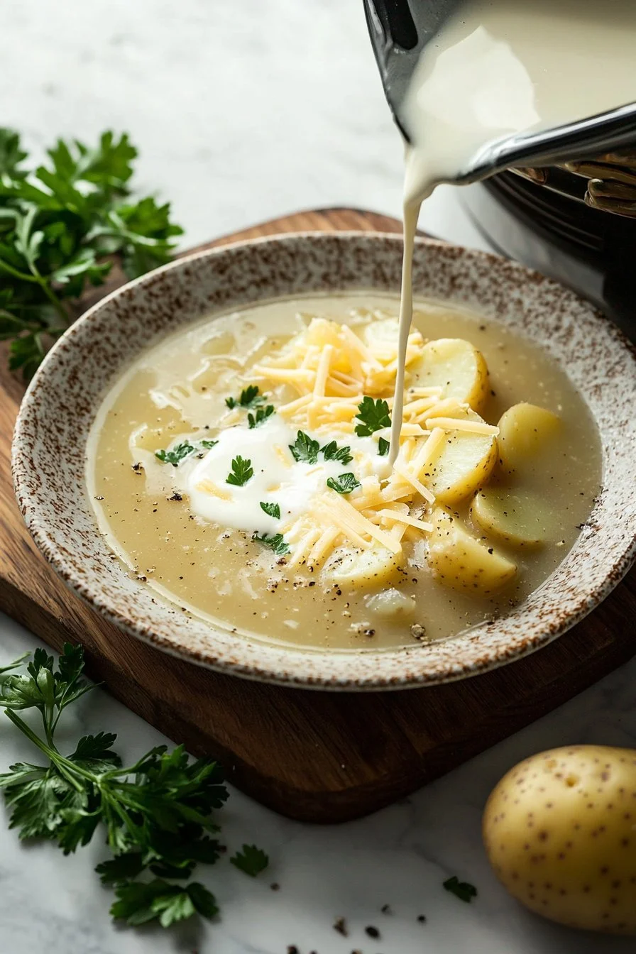 Langsame Koch-Potato Suppe mit frischen Zutaten in einer Schüssel