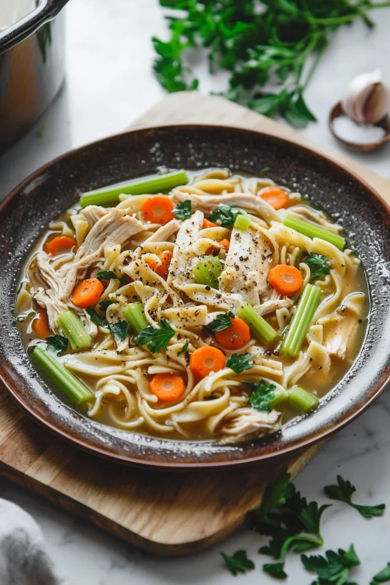 Schüssel mit italienischer Hühner-Nudelsuppe aus dem langsamen Kochfeld