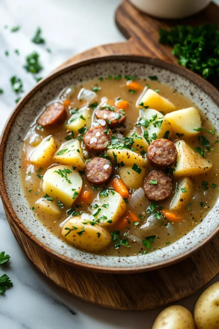 Schüssel mit langsamer Kochgebratene Wurst-Kartoffelsuppe, herzhaft und lecker