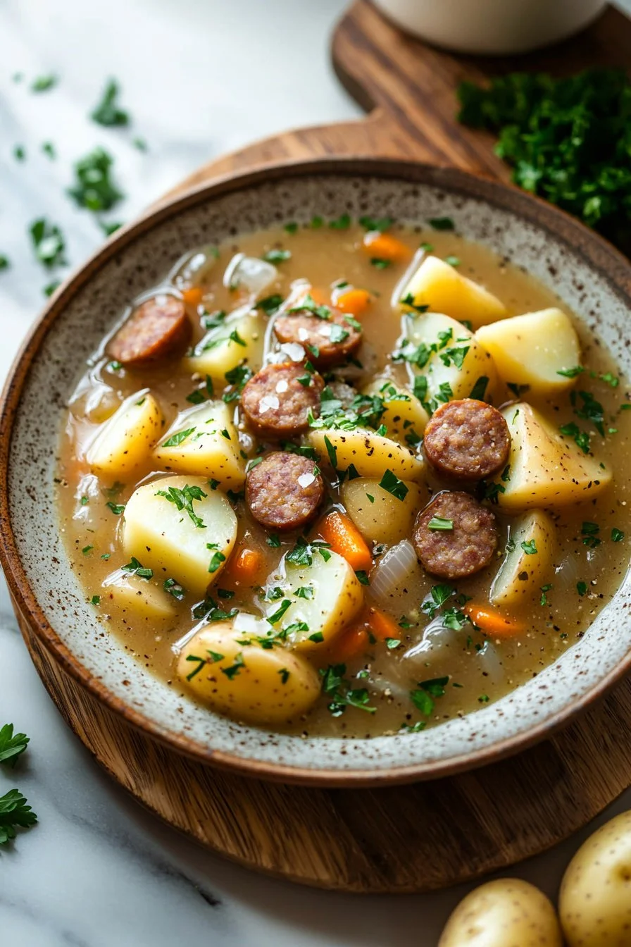 Schüssel mit langsamer Kochgebratene Wurst-Kartoffelsuppe, herzhaft und lecker