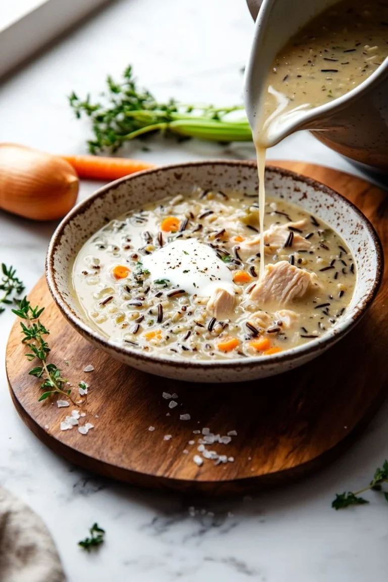 Langsame Kochhuhn- und Wildreis-Suppe in einer Schüssel, dampfend heiß.