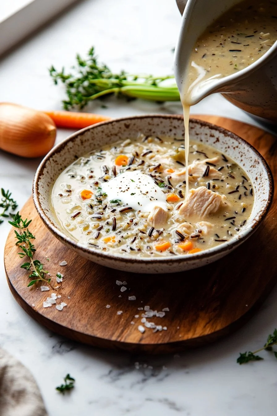 Langsame Kochhuhn- und Wildreis-Suppe in einer Schüssel, dampfend heiß.