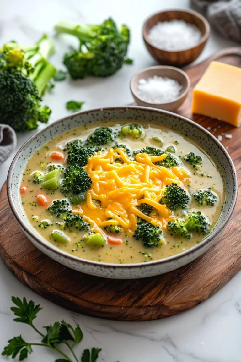 Schale mit cremiger Brokkoli-Cheddar-Suppe aus dem Langsamkochtopf