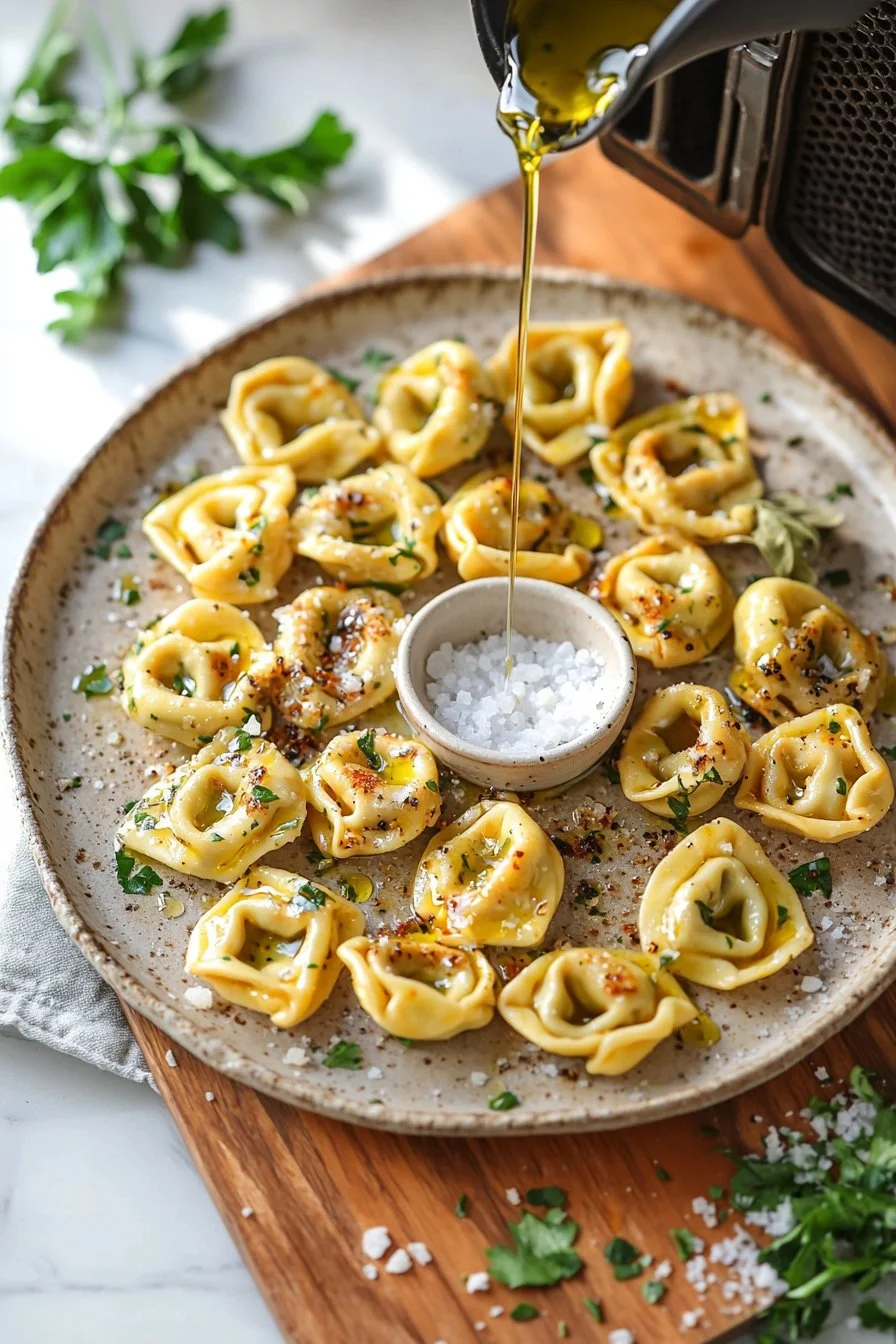 Knusprige Tortellini aus der Luftfritteuse auf einem Teller serviert.