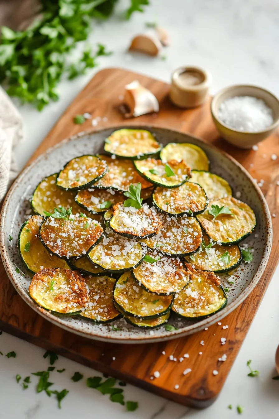 Luftfrittierte Zucchini-Chips mit Parmesan auf einem Teller
