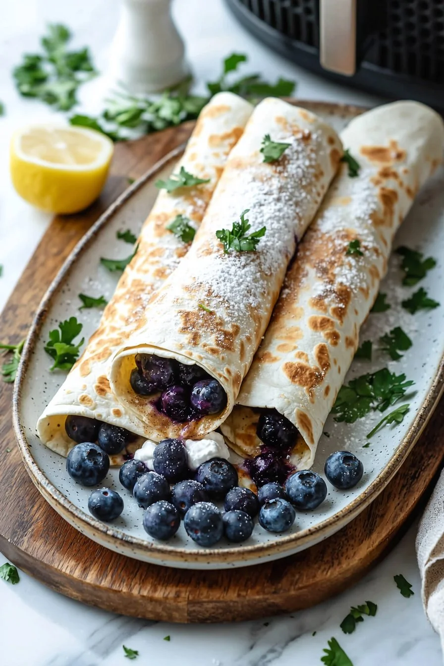Luftfritteusen-Blaubeer-Chimichangas mit frischen Blaubeeren und knuspriger Hülle