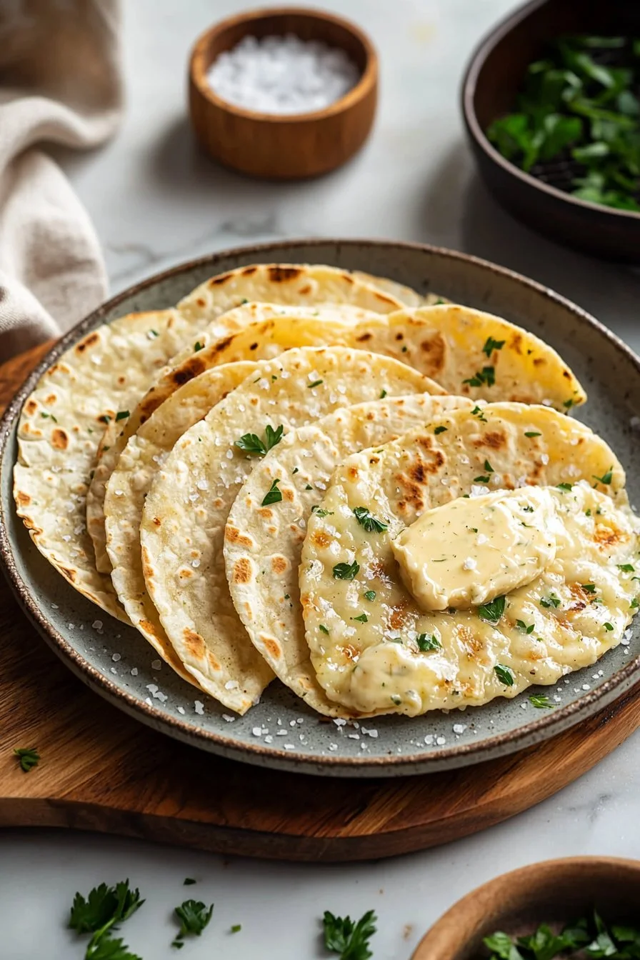 Luftfritteusen-Tortilla-Knoblauchbrot auf einem Holzbrett serviert