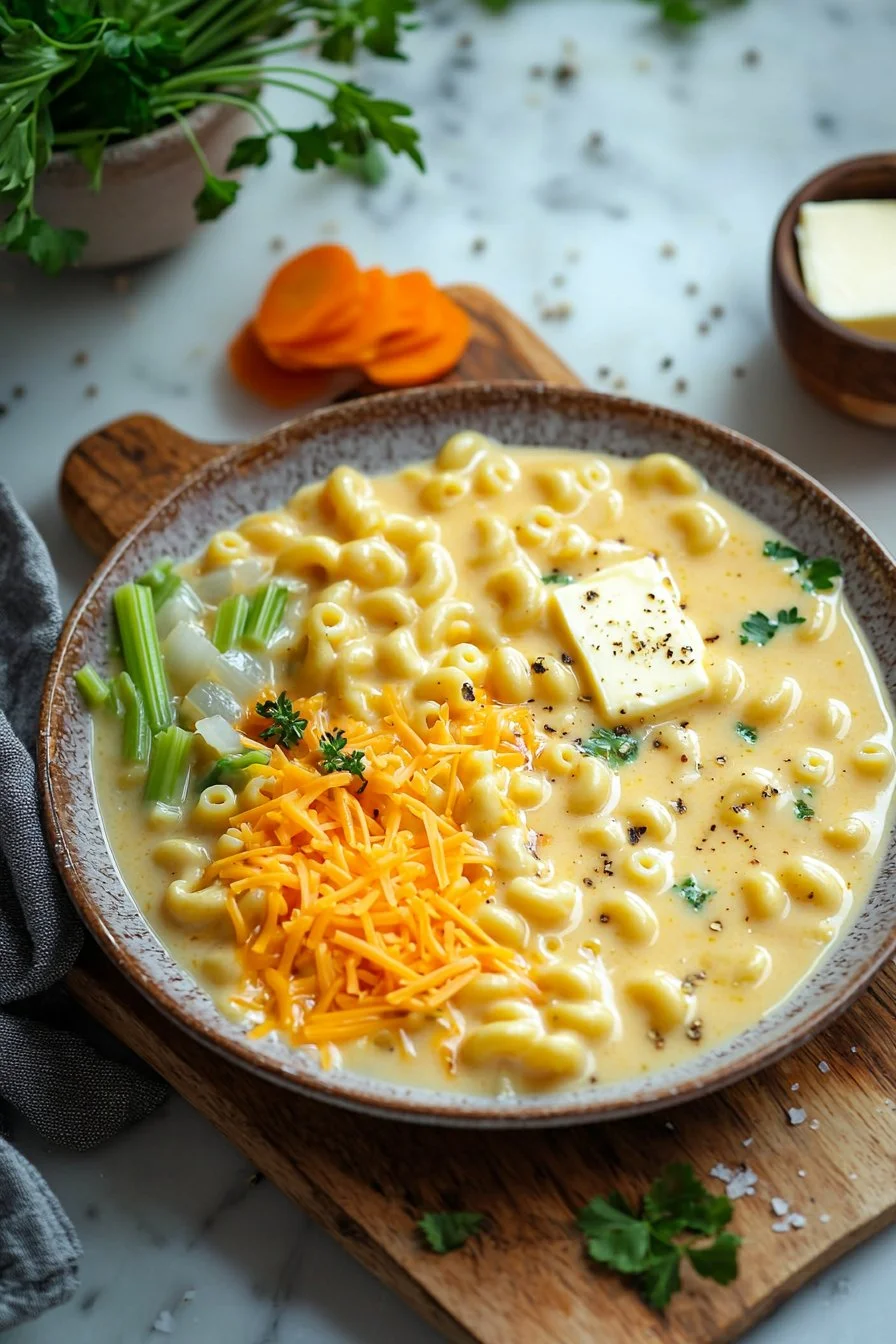 Cremige Mac und Käse Suppe in einer Schüssel serviert mit frischen Kräutern