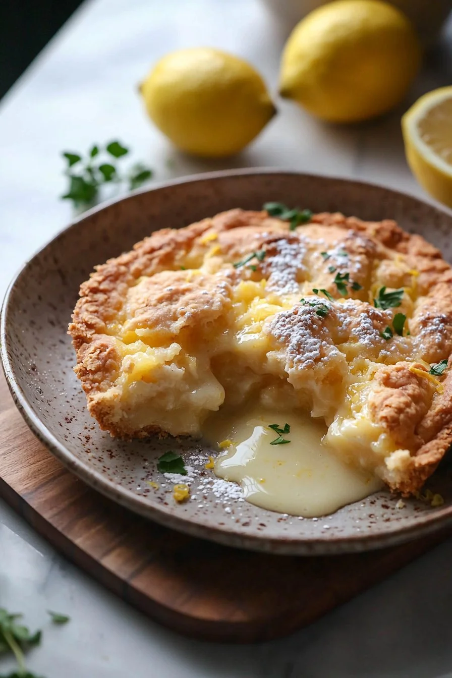 Leckere Portion Zitronen-Cobbler garniert mit frischen Zitronenscheiben