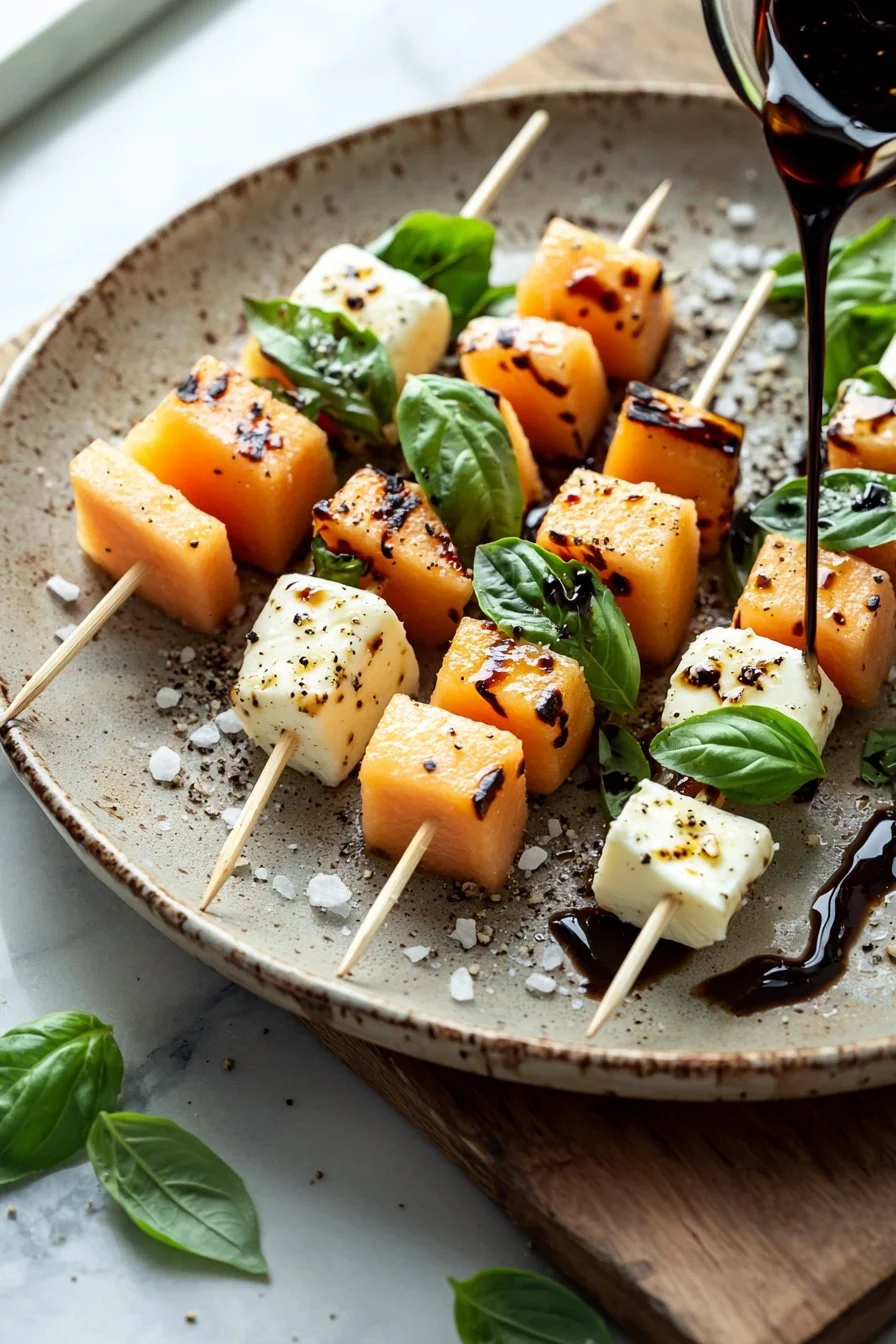 Erfrischende Melonen-Mozzarella-Spieße auf einem Teller