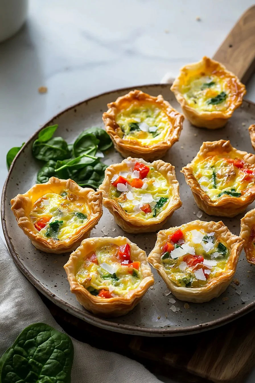 Leckere Mini-Quiches in verschiedenen Variationen auf einem Tisch angerichtet.