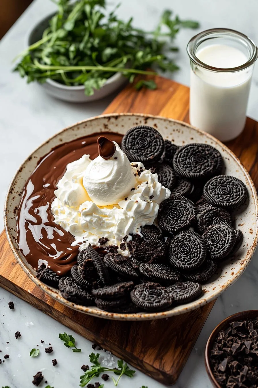 No-Bake Oreo Dessert Salat mit Schichten von Oreo-Keksen und Sahne.