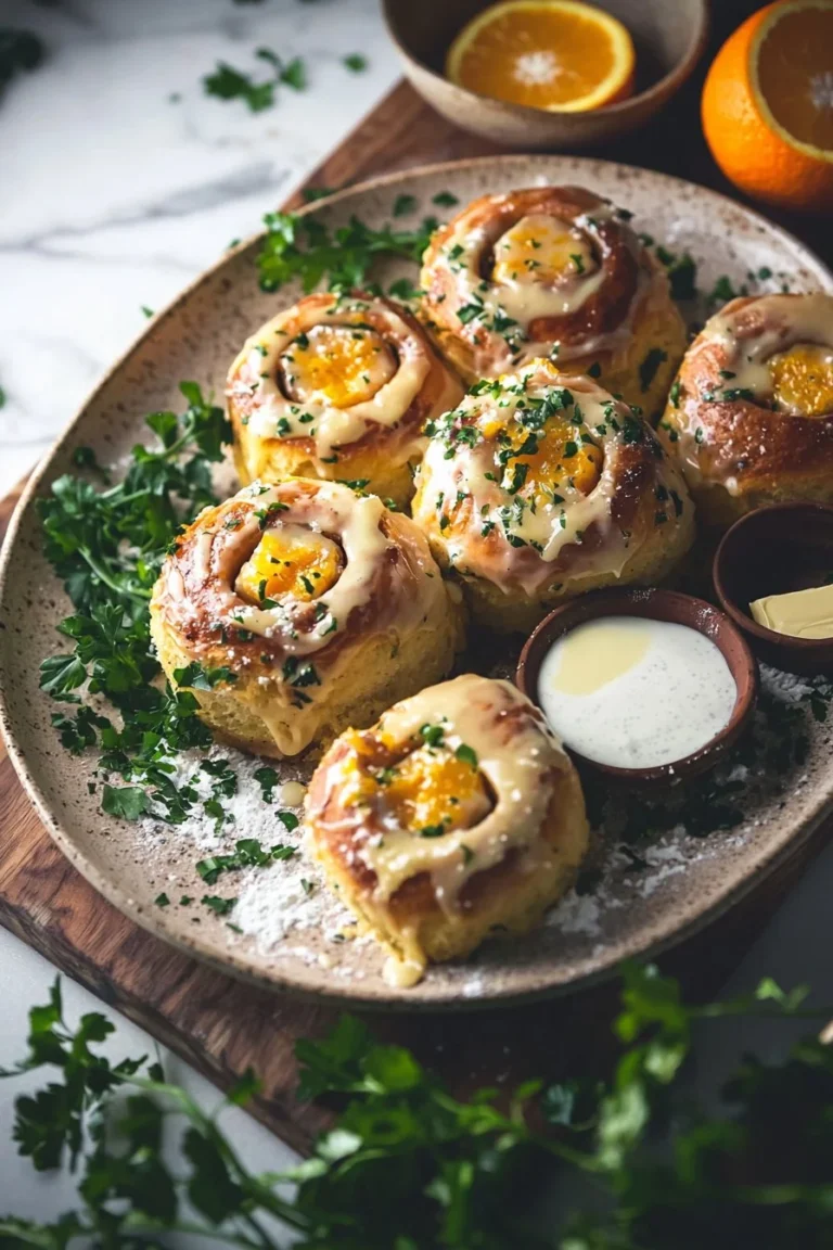 Frische Orangenbrötchen mit Sauerrahm-Butter-Guss auf einem Teller