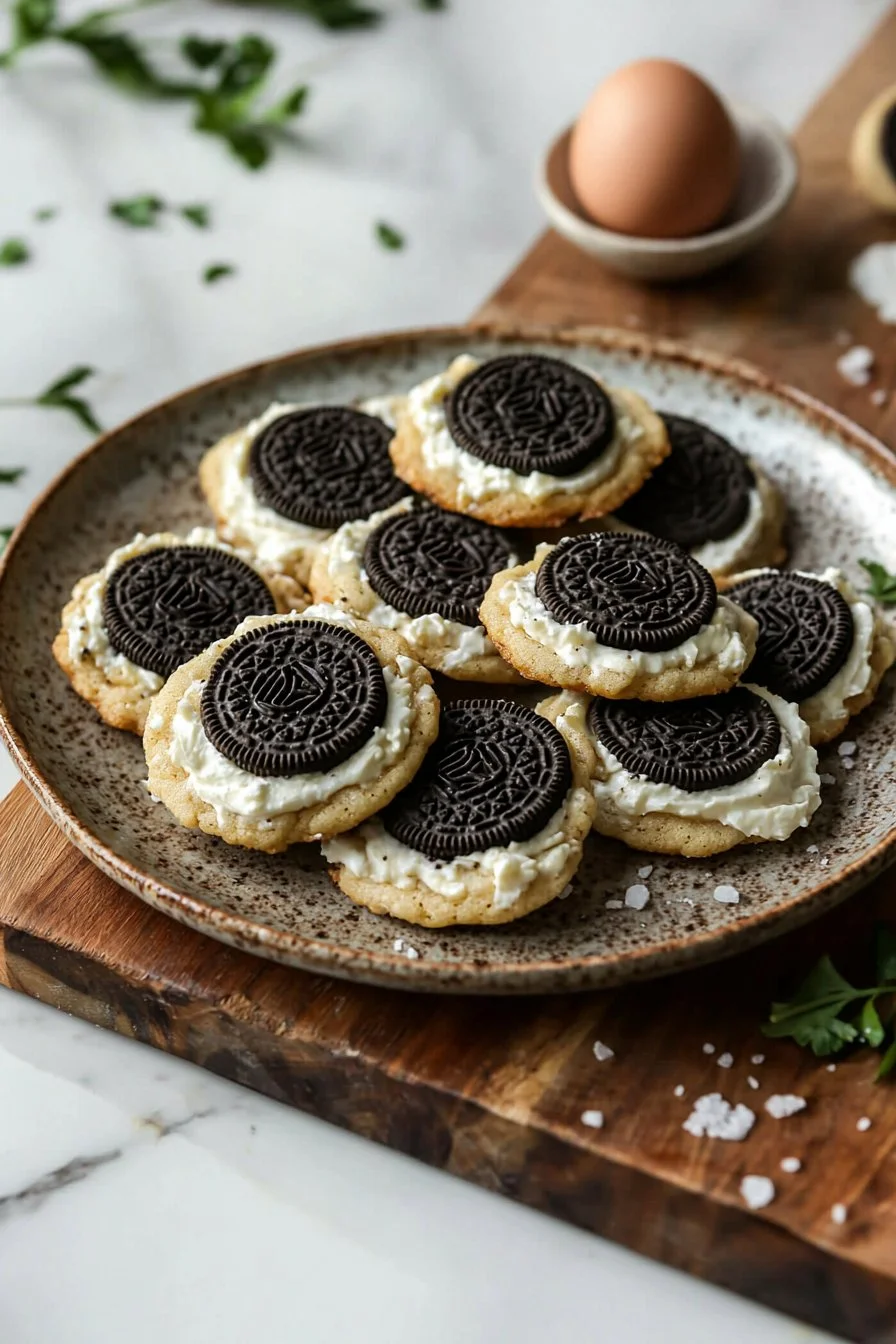 Oreo-Käsekuchen-Plätzchen auf einem Teller, dekoriert mit Oreokrümeln.
