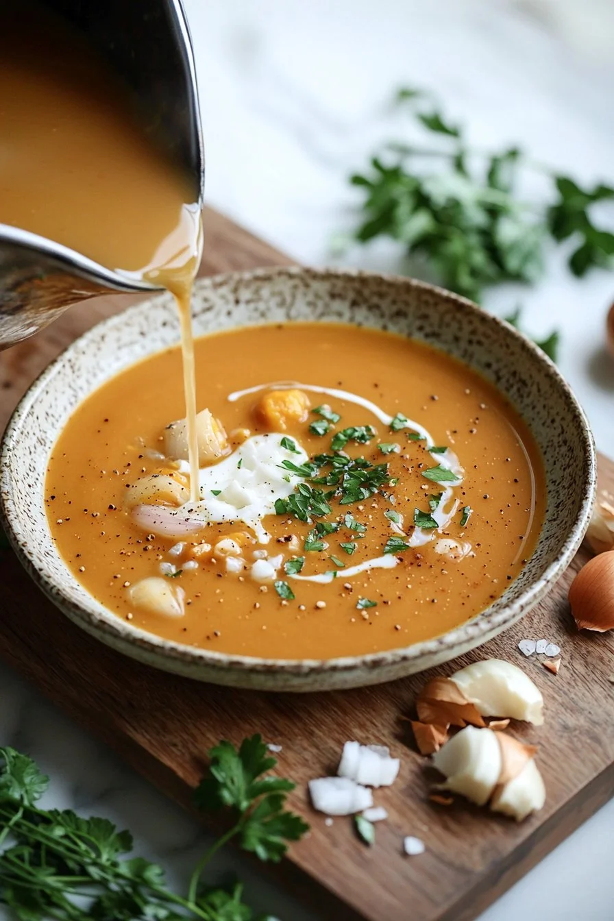 Schüssel mit Panera Herbst Kürbiscremesuppe, garniert mit frischen Kräutern