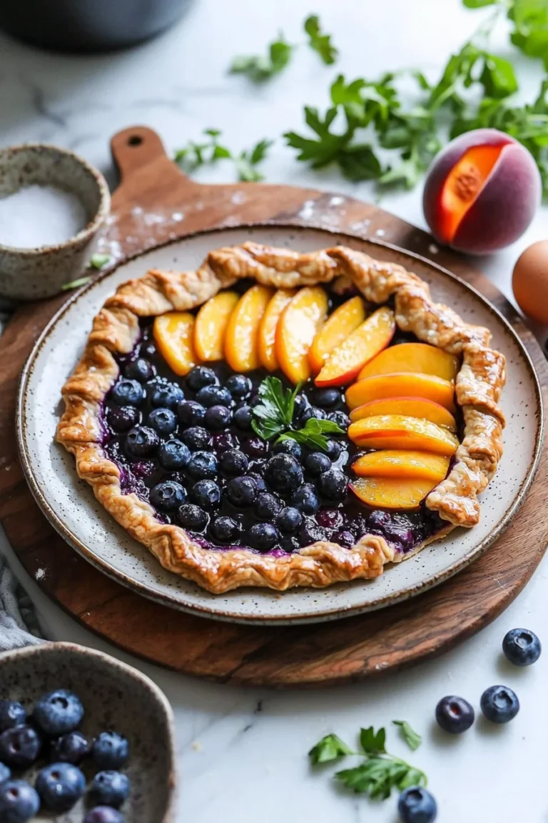 Leckere Pfirsich-Blaubeer-Galette frisch aus dem Ofen.