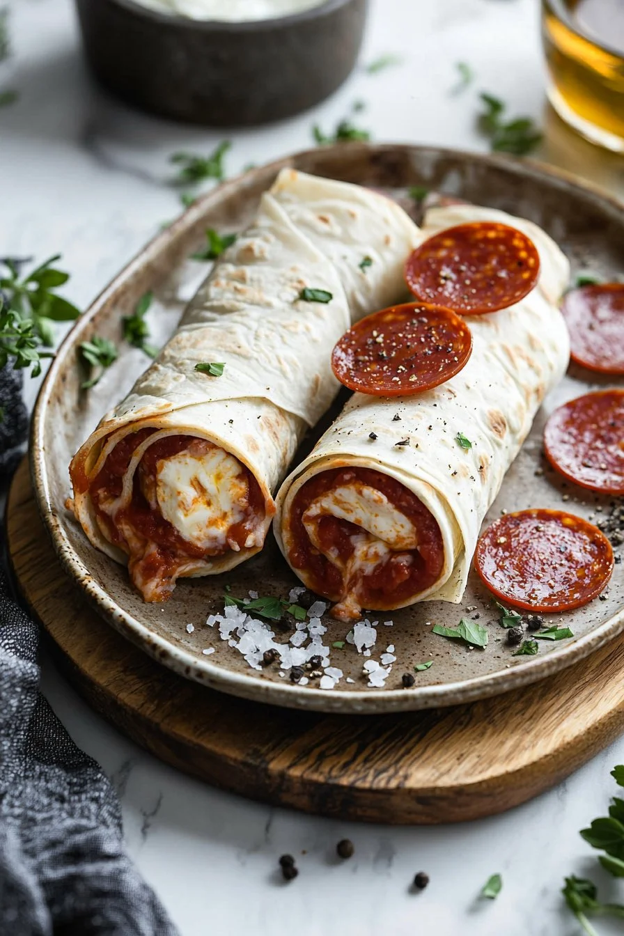 Leckere Pizza-Röllchen auf einem Teller, perfekt zum Snacken oder für Feiern