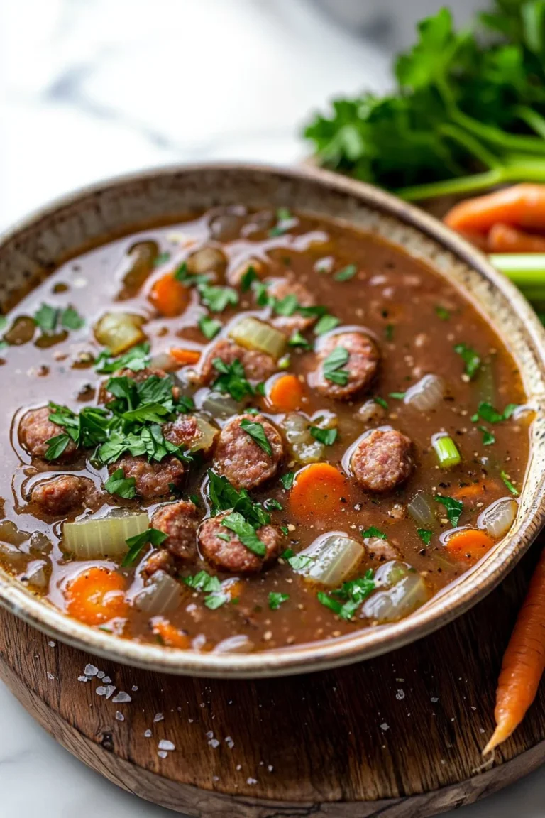 Rinderwurst Suppe mit frischem Gemüse und Kräutern in einer Schüssel