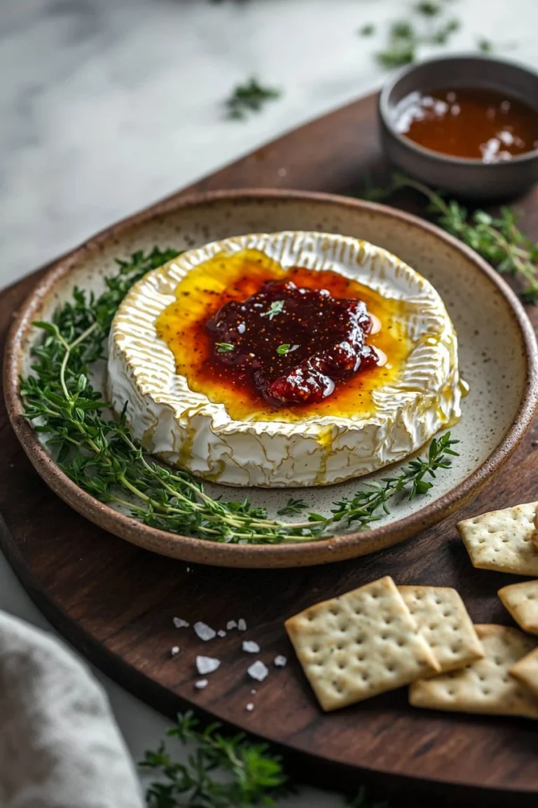 Scharfer gebackener Brie auf einem Holzbrett, appetitlich angerichtet.