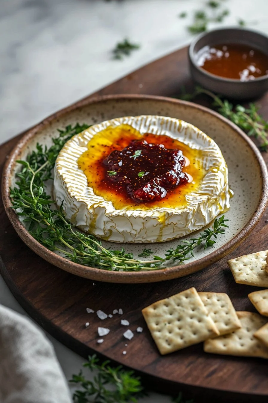 Scharfer gebackener Brie auf einem Holzbrett, appetitlich angerichtet.