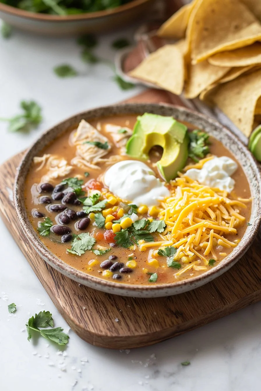 Schmortopf Hähnchen Tortilla Suppe in einer Schüssel serviert