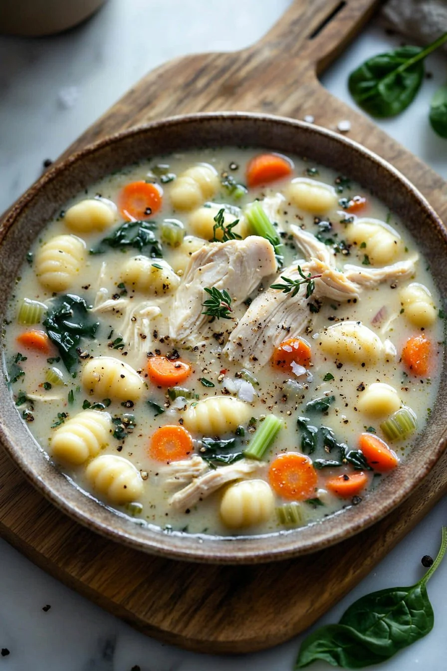 Überbackene Hühner-Gnocchi-Suppe im Schmortopf mit frischen Kräutern