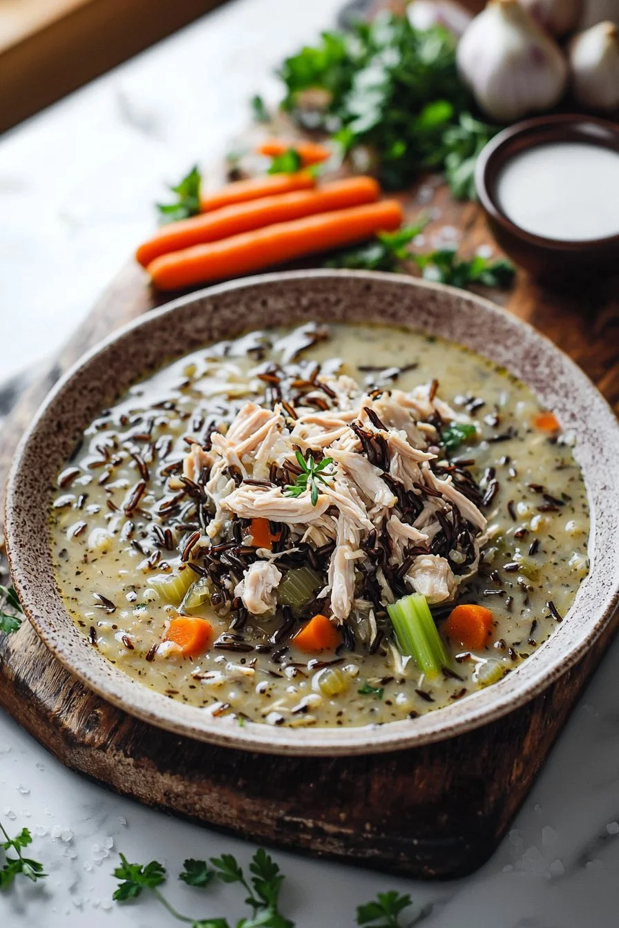 Hähnchen-Wildreis-Suppe im Schnellkochtopf zubereitet.