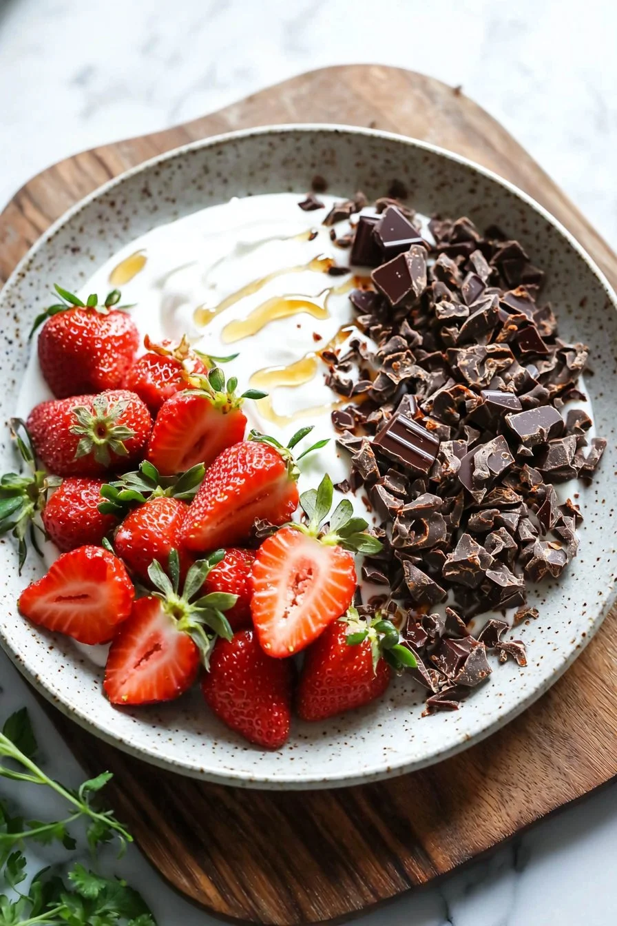 Leckere Schokoladen-Erdbeer-Clustern mit griechischem Joghurt serviert.