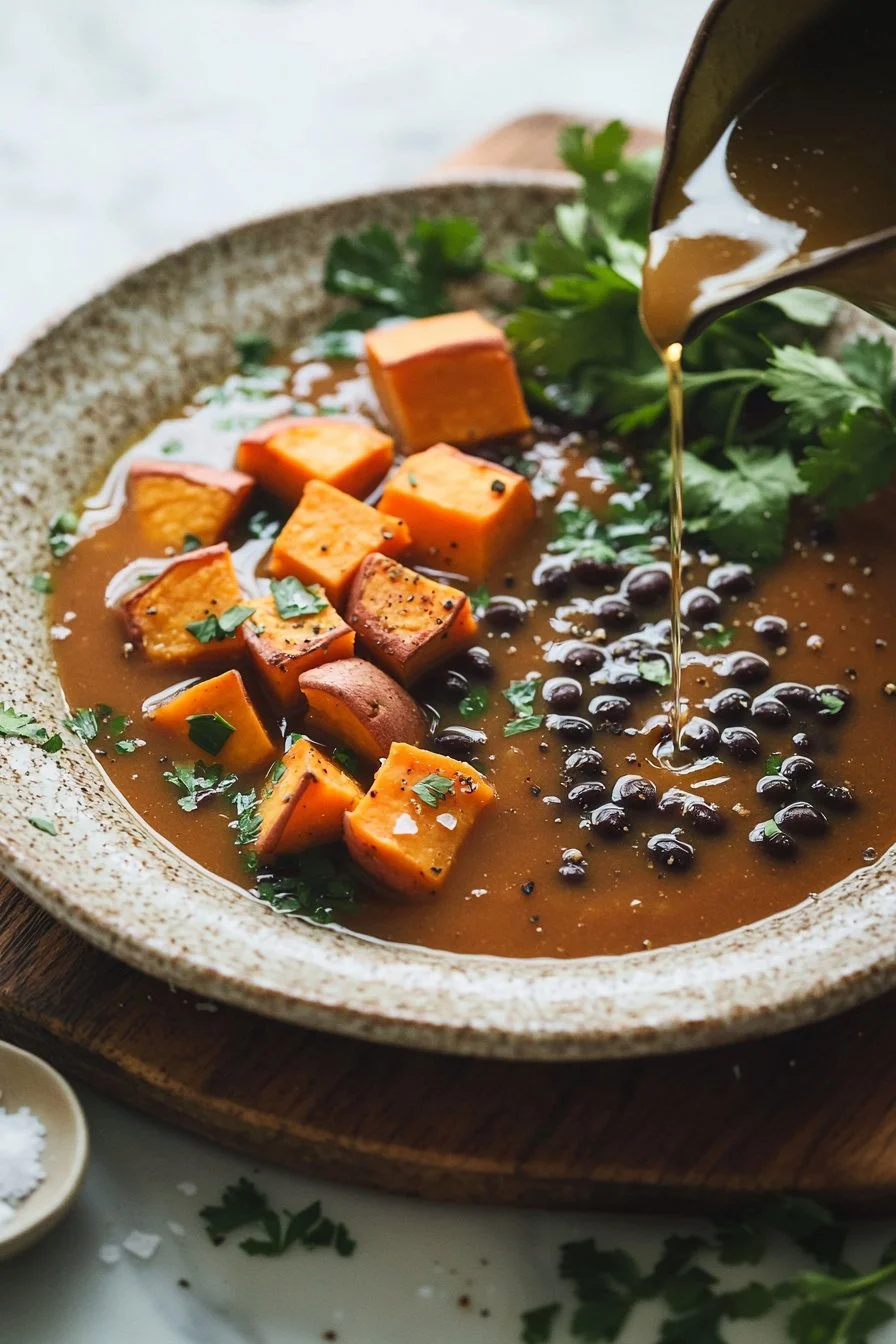 Schüssel mit einfacher Süßkartoffel-Schwarze-Bohnen-Suppe