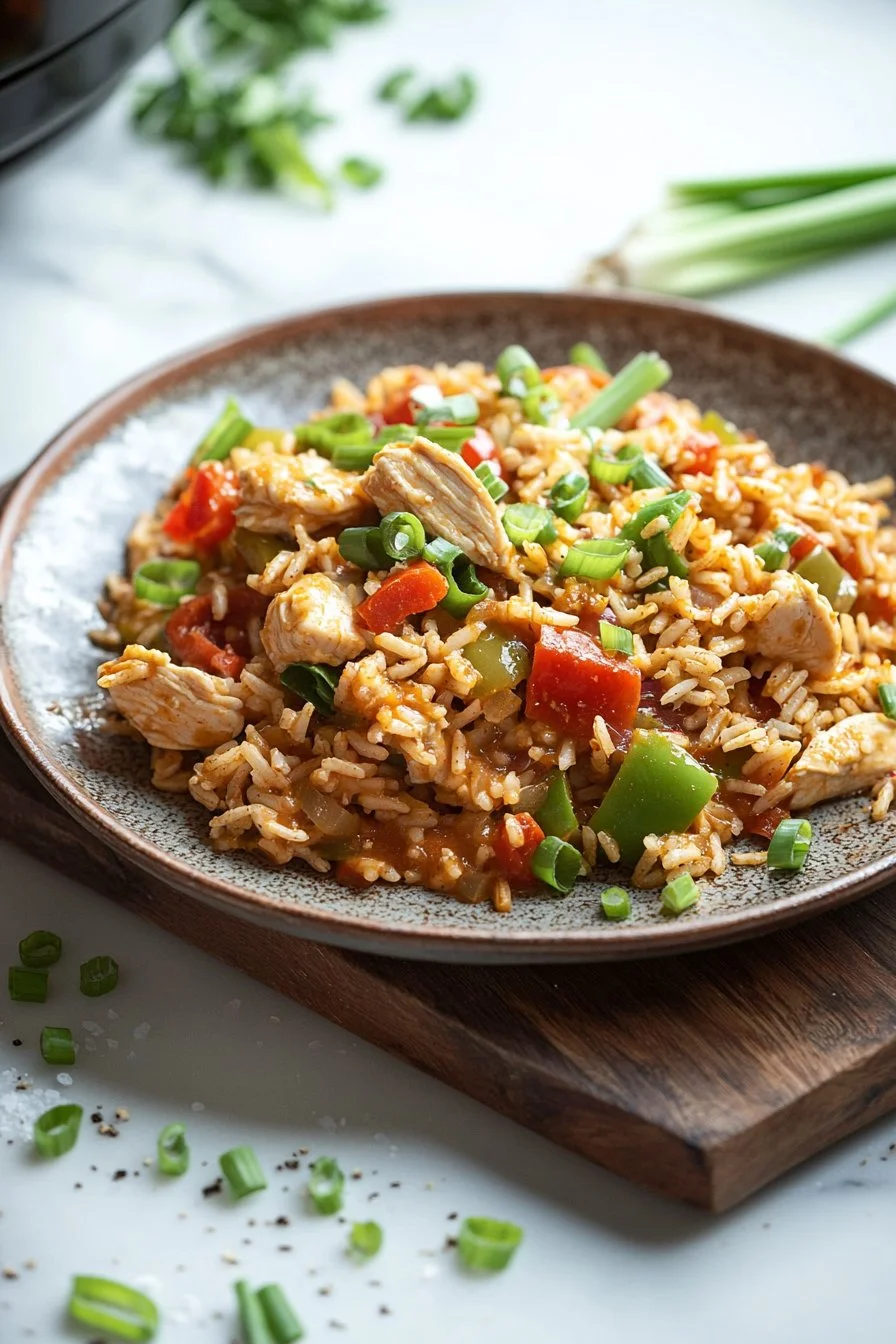 Schmackhaftes Slow Cooker Hähnchen Jambalaya auf einem Teller serviert.