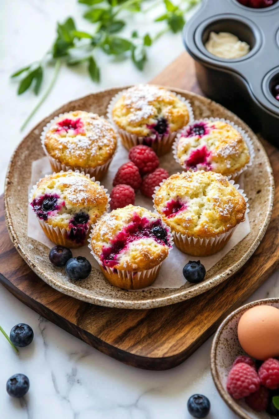 Sommerbeeren-Frischkäse-Muffins mit frischen Beeren und cremigem Frischkäse.