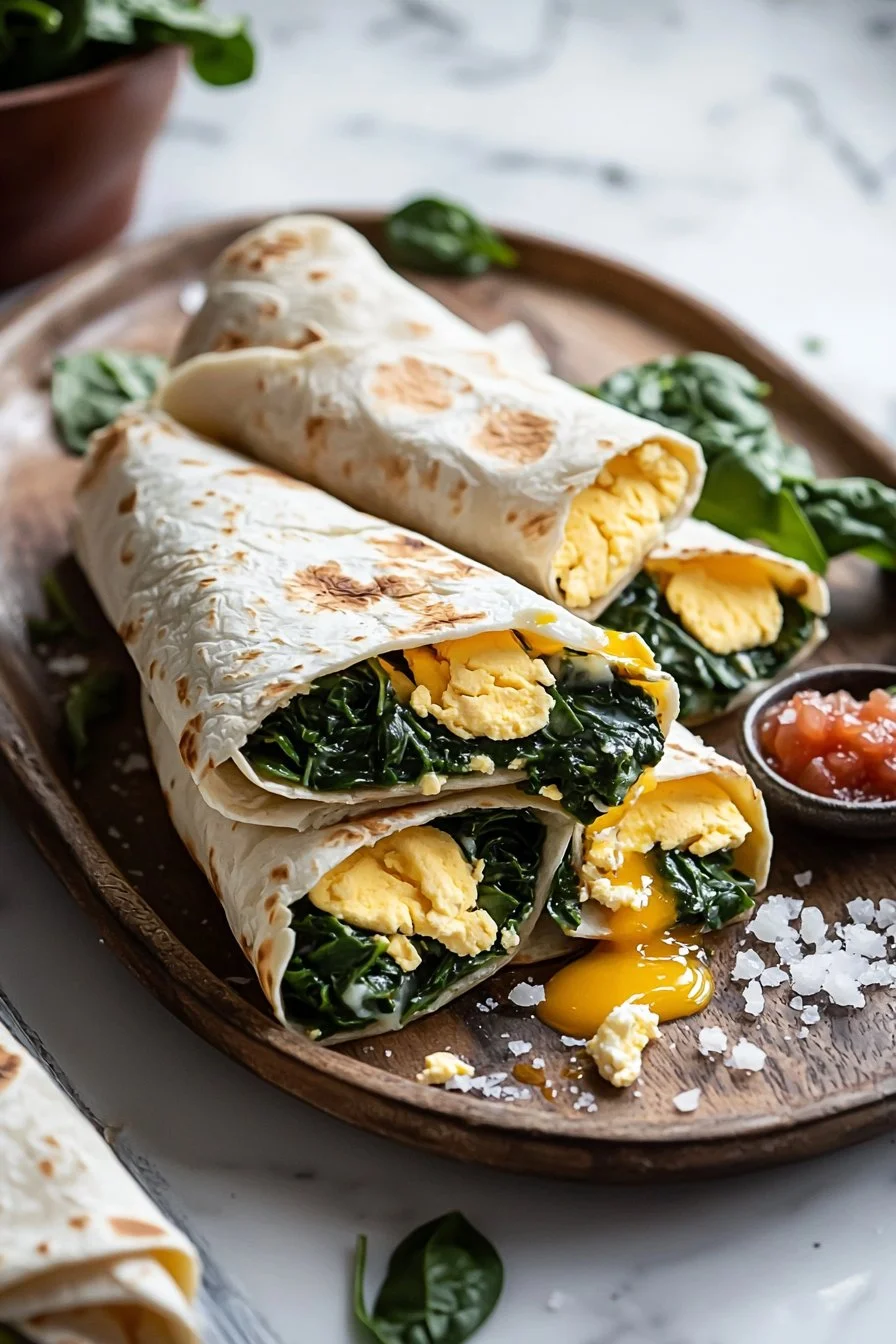 Leckere Spinat-Ei-Frühstücks-Burritos auf einem Holzbrett angerichtet