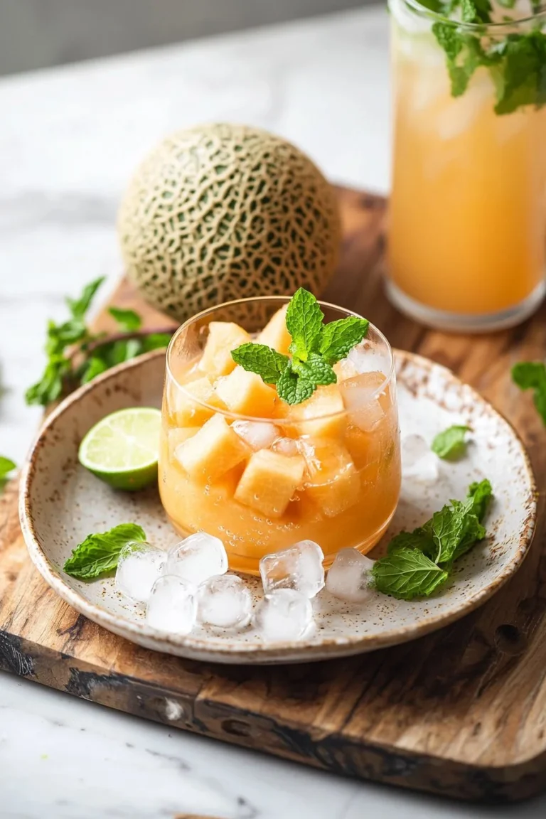 Sprudelnder Cantaloupe Cooler in einem Glas mit frischen Melonenstücken