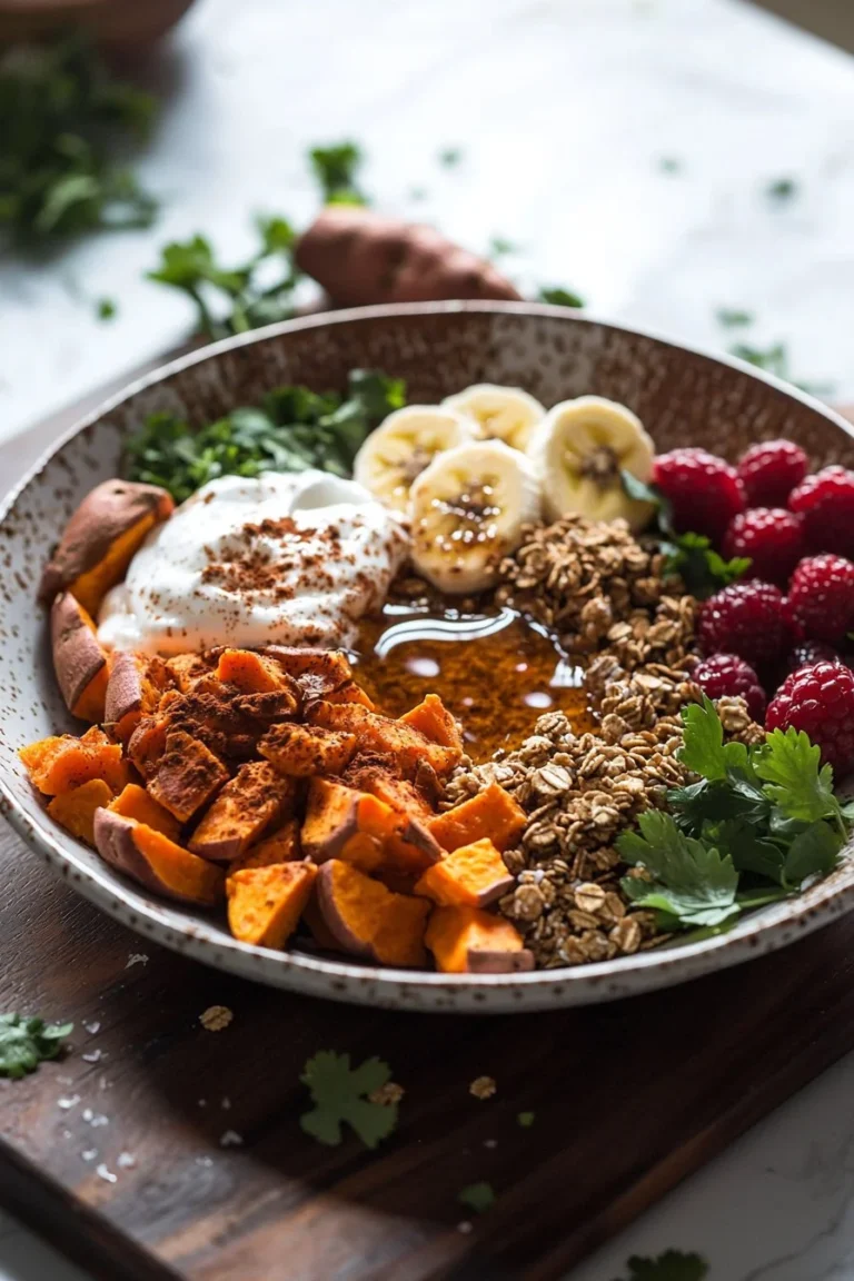 Süßkartoffel Frühstücksschüssel mit frischem Gemüse und Eiern