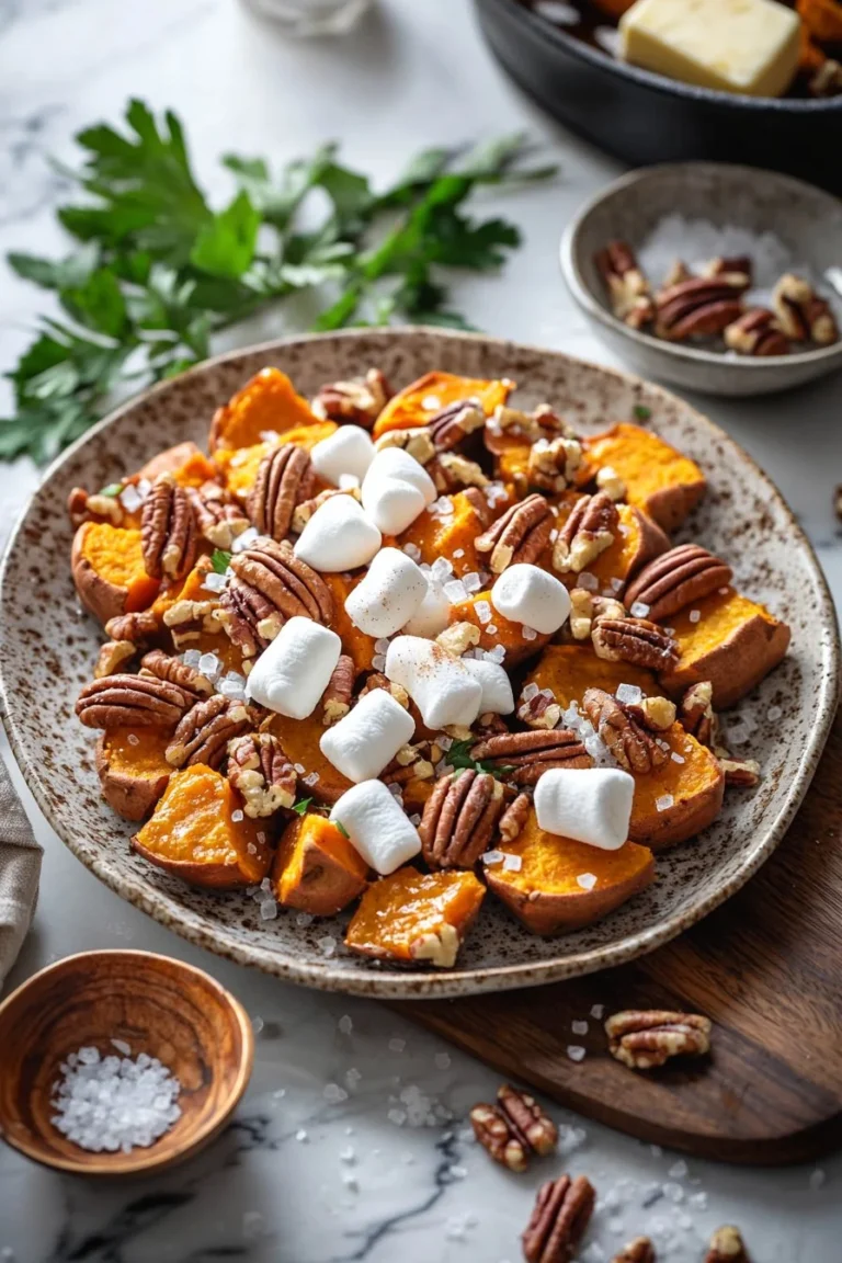 Süßkartoffelbissen mit Marshmallows und Pekannüssen auf einem Teller