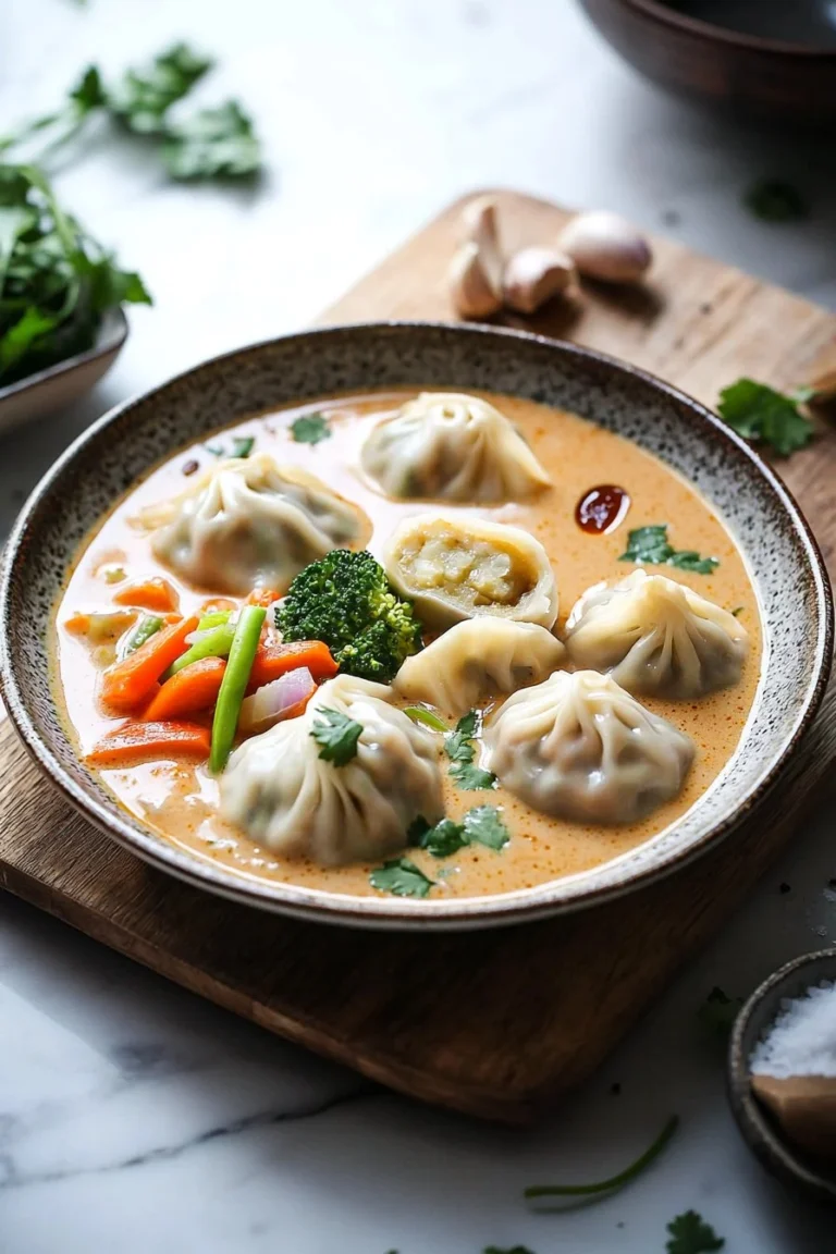 Thailändische Kokosnuss-Curry-Dumplingsuppe mit frischen Zutaten.