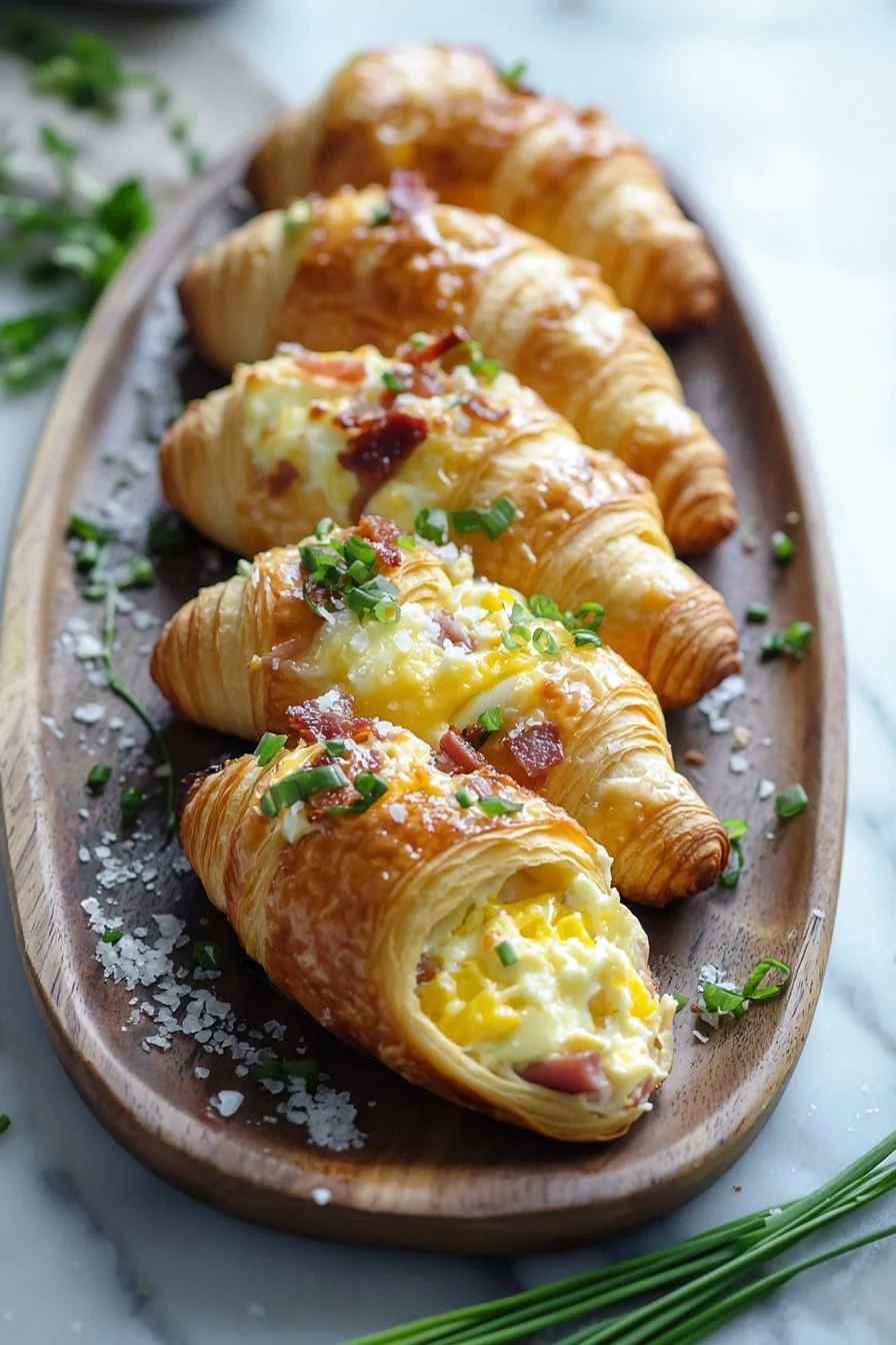 Überbackene Frühstücks-Croissant-Boote mit Käse und Schinken im Ofen gebacken.