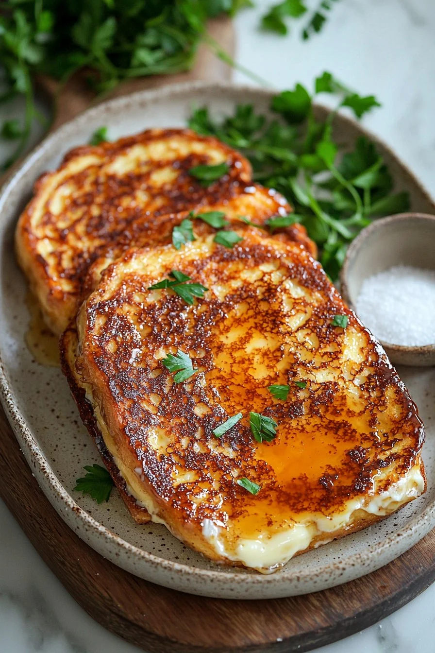 Übernachtete Crème Brûlée French Toast mit Karamellkruste und frischen Beeren.