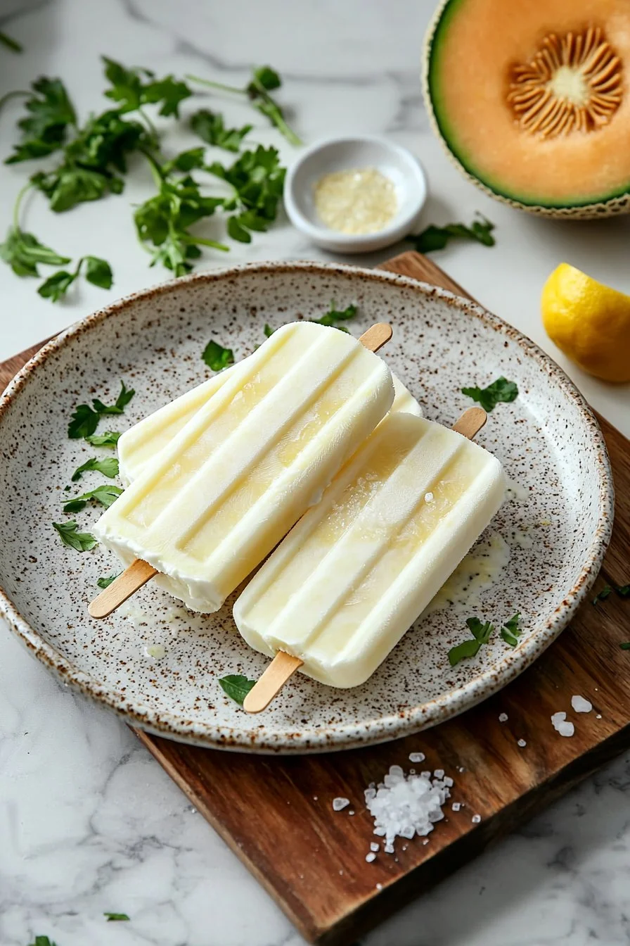 Hausgemachtes Vanille-Melonen-Eis am Stiel in einer sommerlichen Kulisse.