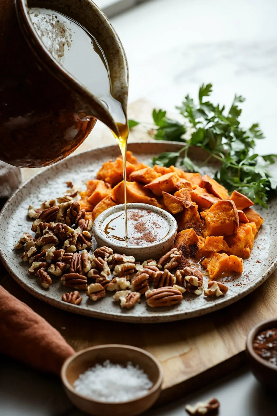 Vegane Süßkartoffelauflauf mit frischen Zutaten und Gewürzen