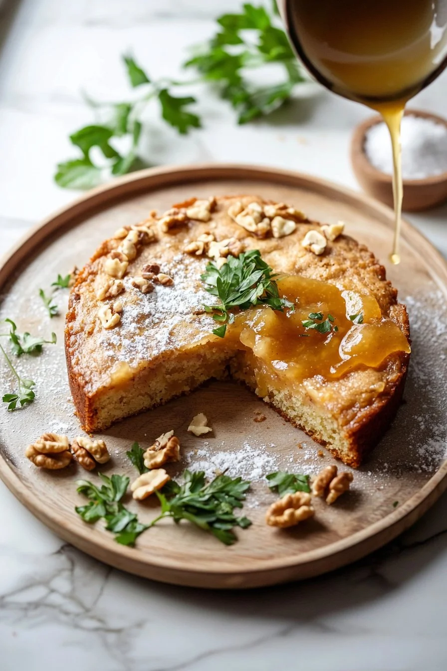 Veganer Apfelmus Kuchen auf einem Tisch, garniert mit Äpfeln und Zimt.