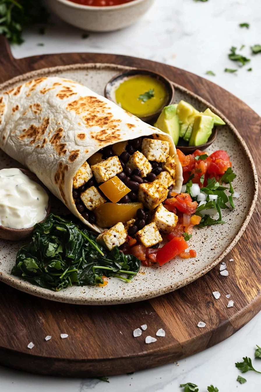 Veganes Frühstücksburrito auf einem Teller, gefüllt mit frischem Gemüse