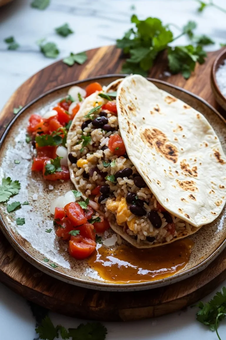 Vegetarischer Bohnen-Reis-Burrito mit frischen Zutaten und würziger Füllung