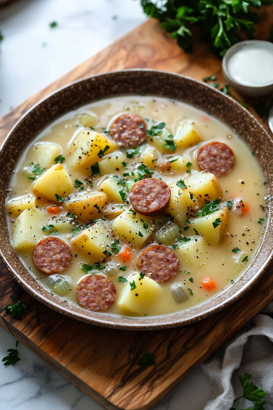 Wurst-Kartoffel-Suppe in einem Schüssel mit frischen Kräutern garniert